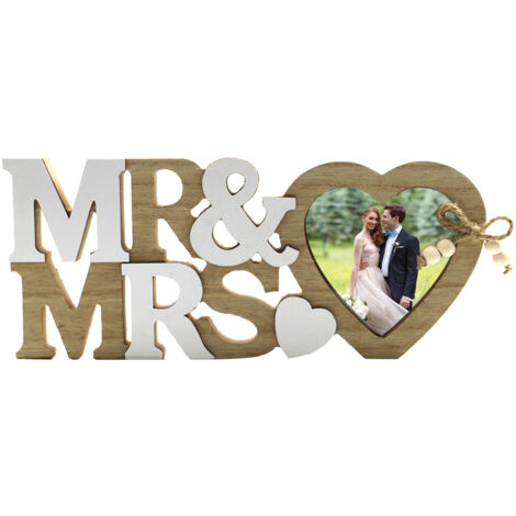 Dekorativer Bilderrahmen „Mr & Mrs“ mit rustikalem Holzständer – 26 × 11 cm – 3D-Modell – Geschenk zur Hochzeit oder zum Valentinstag