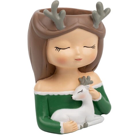 Dekorativer Blumentopf aus Kunstharz – Mädchenfigur mit Eselsohren / Katze mit Haustier – 7,2 × 8 × 11,5 cm und 7,7 × 7,2 × 11 cm – Grün / Lila