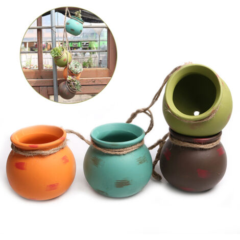 Dekorativer Hängepflanzkasten mit 4 Miniatur-Keramiktöpfen und Juteseil, blau, grün, orange, braun, mit Abflusslöchern, 60 cm lang