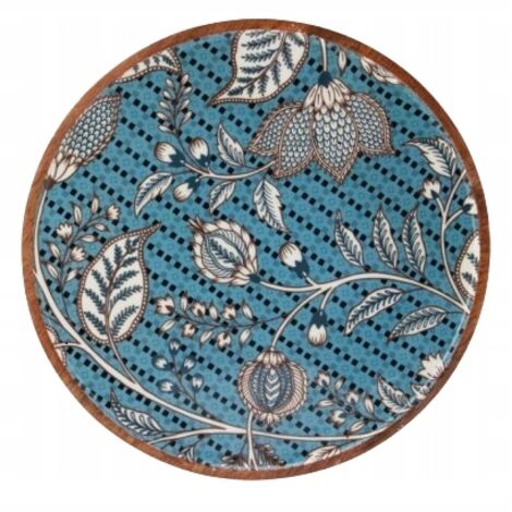 Dekorativer Holzteller 37 cm, blau und beige, Naturform