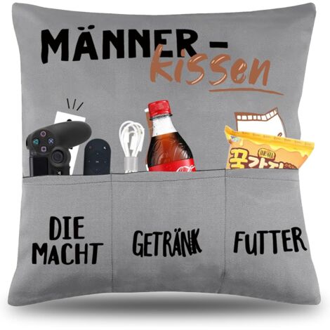 Dekorativer Kissenbezug (45 x 45 cm) mit Taschen für Bier, Netzteil und Snacks, lustiger Kissenbezug für Männer
