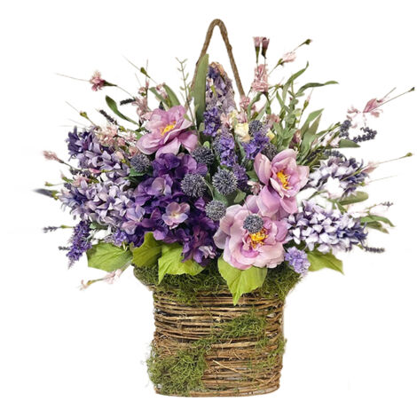 Dekorativer, künstlicher Frühlingsblumenkorb in romantischem Lila für Zuhause, Hochzeit und Party