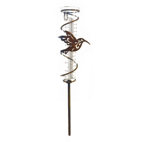 Dekorativer Regenmesser aus Eisen in Bronzeoptik mit Tiermotiv (Kolibri, Pfau, Schmetterling oder Vogel) und Metallständer für den Garten – 1 Stück