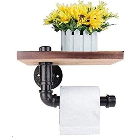 Dekorativer Toilettenpapierhalter, DIY-Wand-Toilettenpapierhalter aus Industrie-Eisenrohr mit Holzablage zur Badezimmerdekoration (Feuerplatte 24 x 15 cm)