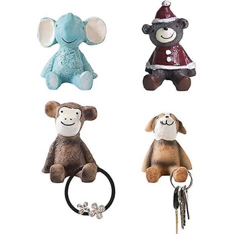 Dekorativer Wandhaken, 4er-Set, für Kühlschrank, Tiermotive, kreativer Tierhaken, Schlüsselhaken, selbstklebende Wandhaken, Hund, Bär, Elefant
