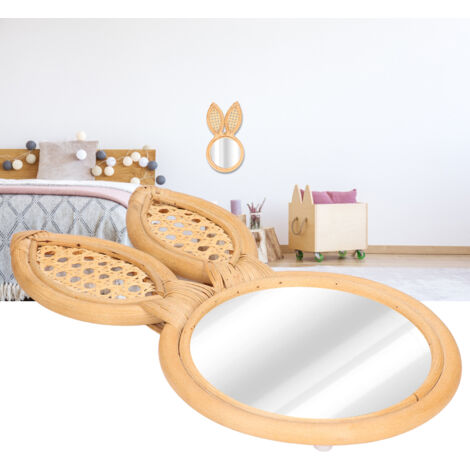 Dekorativer Wandspiegel, niedliches Hasenmotiv, edles Rattan, zum Schminken, als Wohnaccessoire oder als Geschenk fürs Schlafzimmer