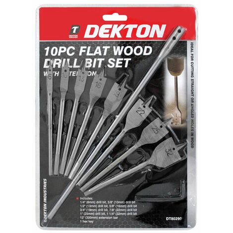 Dekton 10pc Flat Wood Drill Bit Set