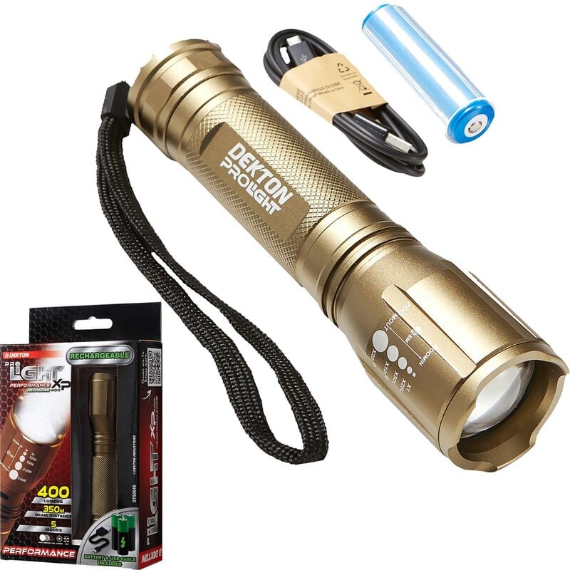 Dekton - Performance cob led Torch 400 Lumens 350M Flashlight usb Rechargeable