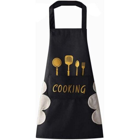 Delantal de cocina negro para mujer con bolsillos para secarse las manos, bolsillo grande, impermeable para cocinar y hornear.