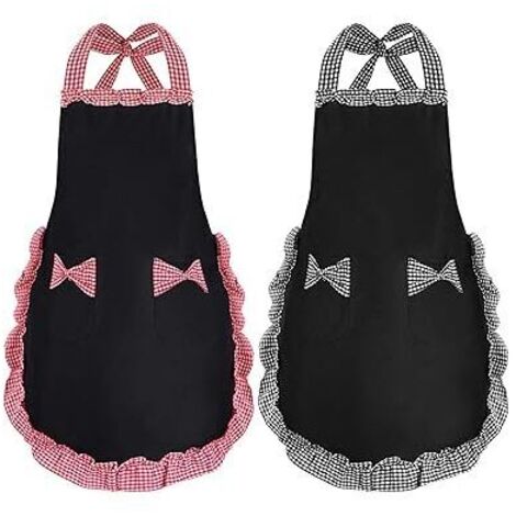 Delantal de mujer, negro, con 2 bolsillos, impermeable, para cocina y jardinería (paquete de 2)