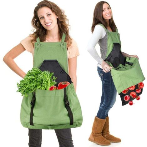 Delantal de recolección (verde), bolsa de lona para recolectar frutas: delantal ajustable de gran capacidad con abertura inferior y doble clip para jardineros.