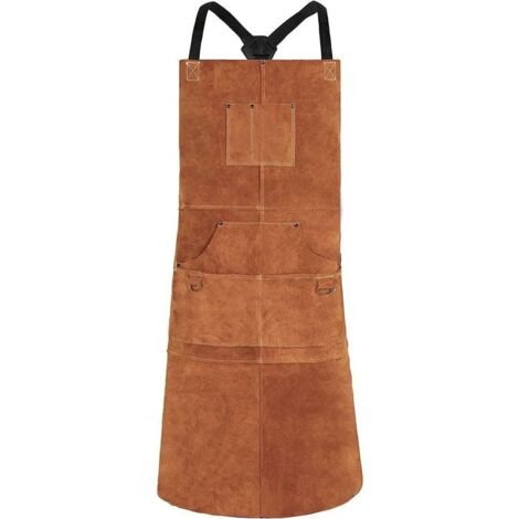 Delantal de Soldadura, Delantal de Trabajo de Piel de Vacuno con 6 Bolsillos, Delantal de Cocina Multifuncional de 24" x 36", Brets Ajustables de M a XXL para Hombres y Mujeres, Marrón