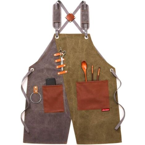 Delantal de trabajo ajustable con bolsillos y perneras divididas - diseño de tiras cruzadas - unisex - costuras verdes y grises -