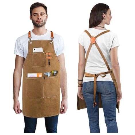 Delantal de trabajo para hombre y mujer, ajustable, de lona, con correa cruzada, para herramientas de cocina y 3 bolsillos, profesional para barbacoa, jardinería, talleres de manualidades