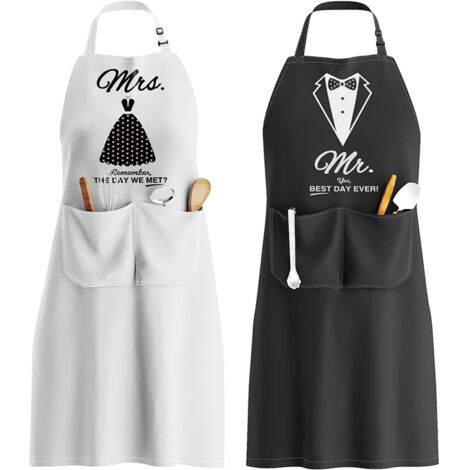 Delantal para pareja, ajustable con 2 bolsillos, ideal como regalo de aniversario, boda, San Valentín o Día de la Madre (blanco y negro), 2 piezas