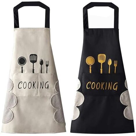 Delantales de cocina para mujer (blanco y negro), paquete de 2, con bolsillos grandes para secarse las manos, lavables e impermeables para cocinar y hornear.