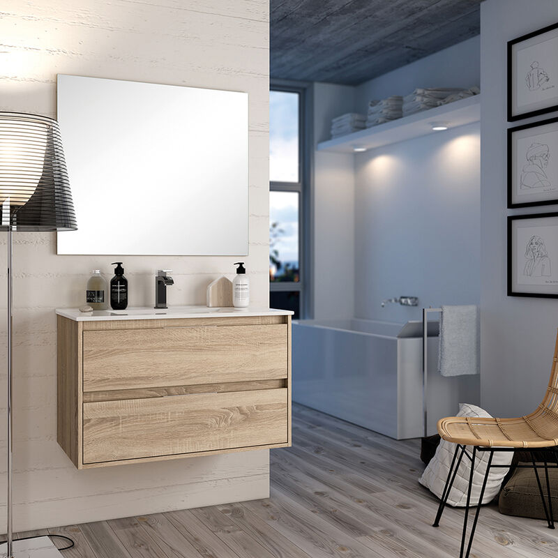 

MUEBLE BAÑO SANDRA 2 100 NATURAL - MUEBLE DE BAÑO SUSPENDIDO DE DOS CAJONES DE CIERRE UÑERO. 100 x 45 x 48 cm. - Delbaño