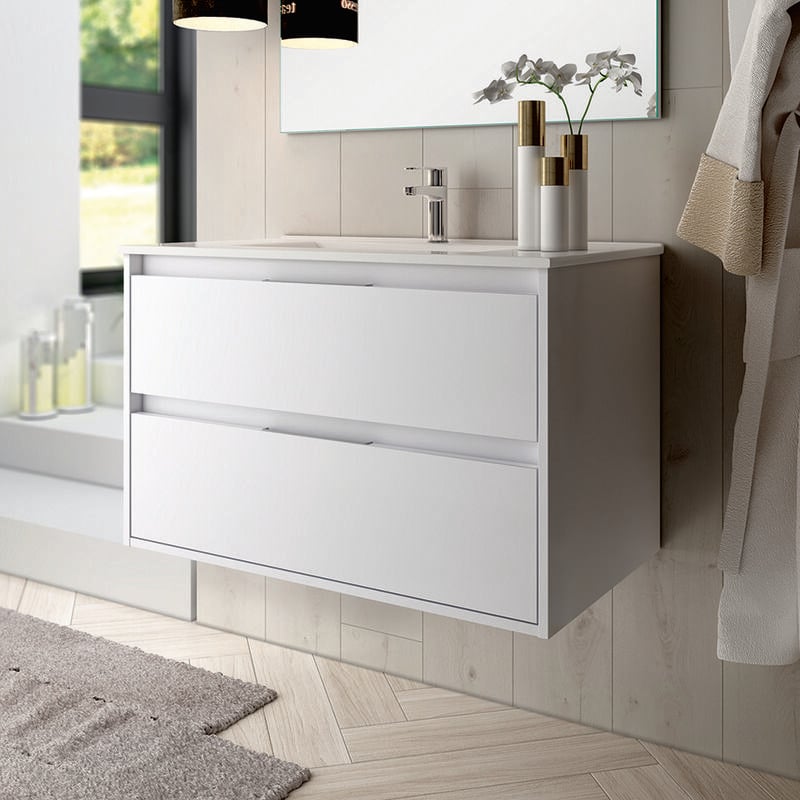 

MUEBLE BAÑO SANDRA 2 80 ACABADO EN BLANCO MUEBLE DE BAÑO SUSPENDIDO DE DOS CAJOES. 80 x 45 x 48 cm. - Delbaño