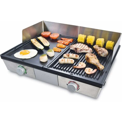 Deli Grill 7951 Plancha Electrique - Grill Electrique - Plaque de Gril en Acier Inoxydable - Plaque de Cuisson Posable - Protection Contre les Éclaboussures et 2 Spatules Inclus