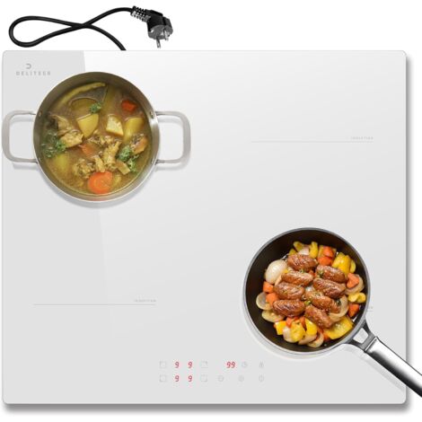 DELITEER Induktionskochfeld 4 Platten, Kochfeld Einbau 59CM mit Stecker, Weißes Keramikglas, Induktionskochfeld Autark 3500W, 9 Leistungsstufen, Sicherheitsschloss, Touch-Bedienung, 240V