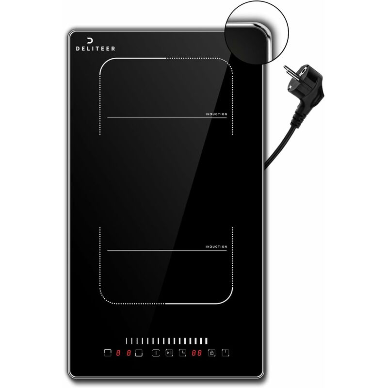 Deliteer - Plaque Induction 2 Feux avec Prise, 3500W, Plaque de Cuisson électrique Encastrable, 9 Niveaux, Zone Flexible pour le Gril, Verrouillage