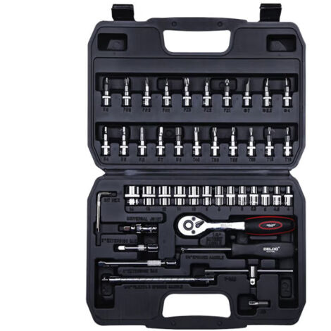 DELIXI 46-teiliger Steckschlüssel-Satz mit Ratsche – 6.3mm (1/4") Profi-Stecknüsse für Auto- & Motorradreparaturen  Chrom-Vanadium Stahl  Inkl. Aufbewahrungskoffer