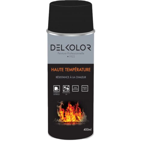 Delkolor – Peinture aérosol haute température 400ml noir – Résiste jusqu'à 500°C – Pour métal, plastique, PVC – Séchage rapide 1 à 2h