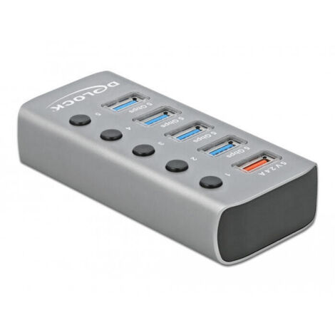 Delock 63262 - Hub USB 3.0 (4 Puertos + 1 Puerto de Carga rápida, con Fuente de alimentación, iluminación LED e Interruptor Individual, Cable de 80 cm), Color Gris