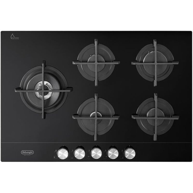 Delonghi – Table de cuisson encastrable gaz 75 cm – 5 feux avec brûleur double couronne – Grilles en fonte – Vitrocéramique haute résistance - NSL