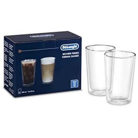 DeLonghi Set Bicchieri Termici di Vetro a Doppia Parete, Vetro Resistente in Borosilicato, Confortevole da Tenere, Senza Condensazione, Lavabile in Lavastoviglie, Capacità 490ml, DLSC319