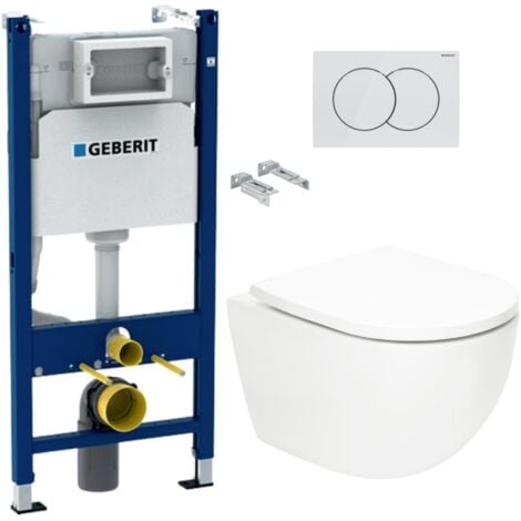 GEBERIT Delta Pack WC Bâti support Duofix 112 cm + WC SAT Tornado sans bride + Abattant SoftClose + Plaque blanche (TORNADOGEB3)