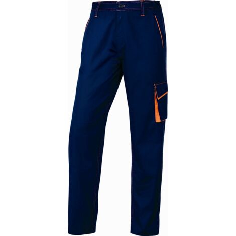 Delta Plus – Pantalon de travail bleu marine/orange – 65 % polyester, 35 % coton – Taille M – 5 poches dont porte-mètre – Prédisposition pour genouillères - M6PANBM0