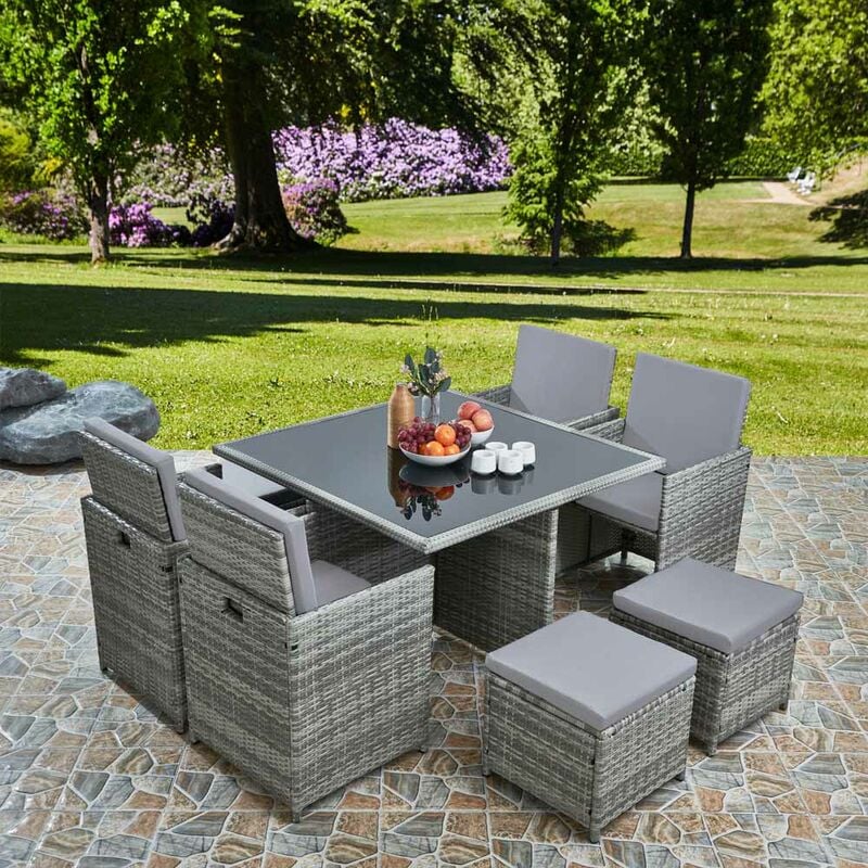 Raygar - Deluxe 9 Piece 8 Seater Rattan Dining Garden Furniture Patio Set - Grey/Grey