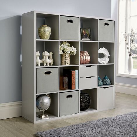 Deluxe Chunky Storage Cube 16 Shelf Bookcase Wooden Display Unit Organiser Grey