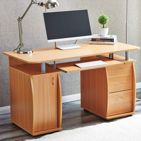 Deluxe Computer Desk With Cabinet and 3 Drawers - Beech