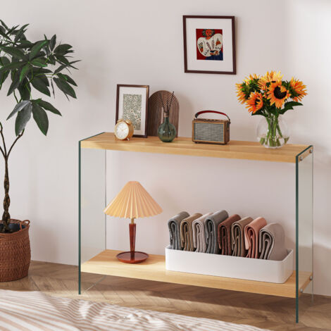 Deluxe Tempered Glass Console Table with Storage Wood Shelf Entryway Foyer Table - 100cm Long