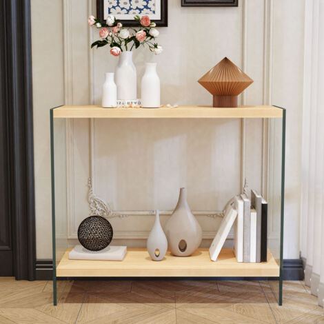 Deluxe Tempered Glass Console Table with Storage Wood Shelf Entryway Foyer Table - 80cm Long