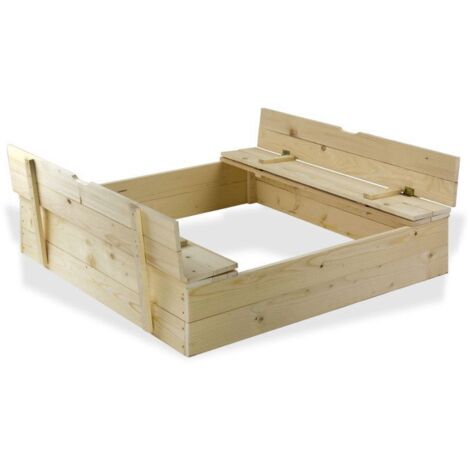 Dema – Bac à sable 120 x 120 cm en pin naturel – Bancs avec dossier – Couvercle anti-animal – Épaisseur bois 18 mm – Surface de jeu 810 x 1170 mm