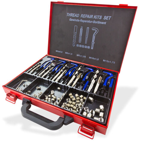 Dema – Coffret de réparation filetage 131 pièces – 100 inserts filetés M5/M6/M8/M10/M12 – Acier au carbone trempé – Compatible bougies 14mm
