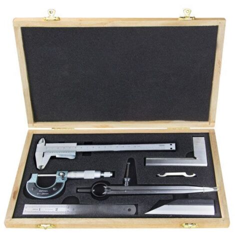 Dema – Coffret de 6 outils de mesure de précision – Pied à coulisse 0-150 mm, micromètre 0-25 mm, équerre 100 x 70 mm – Acier inoxydable