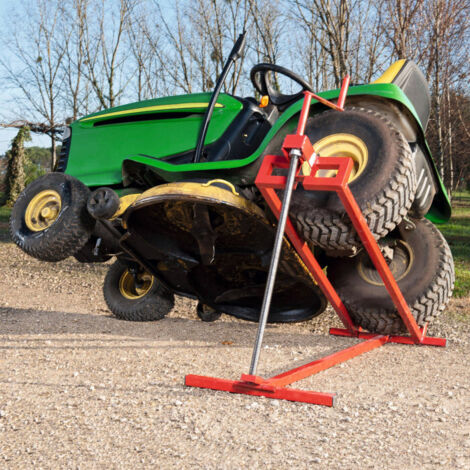 Dema – Cric lève tracteur tondeuse 400 kg – Hauteur de levée 590 mm – Angle de levée réglable 35° – Cadre en acier 30 mm