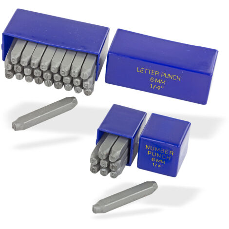 Dema – Ensemble de chiffres et lettres à frapper 6 mm – 36 pièces en acier trempé – Pour marquage de métaux – Boîte de rangement incluse