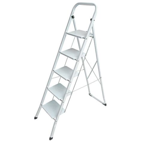 Dema – Escabeau en acier 5 marches pliable blanc – Hauteur de plateforme 118 cm – Charge max 150 kg – Pieds antidérapants en caoutchouc