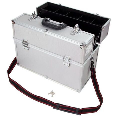 Dema – Mallette de rangement aluminium 46x23x35cm – Verrouillable avec courroie d'épaule – 4 compartiments et 8 séparateurs – Charge max 10kg