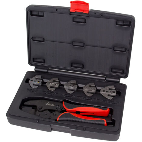 Dema – Pince à sertir cosse 6 pièces – Pour cosses isolées et non isolées jusqu'à 10 mm² – Coffret de rangement ergonomique
