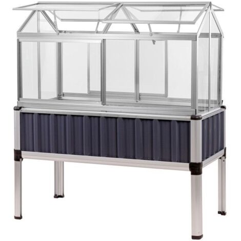 Dema – Potager sur pied avec serre – Dimensions intérieures 1090 x 560 x 300 mm – Construction aluminium – 2 portes coulissantes et 4 aérations