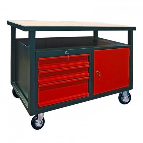 Dema – Servante d'atelier mobile 3 tiroirs – 1 porte – 1200 x 600 mm – Construction acier enduit – Roues directionnelles Ø 125 mm