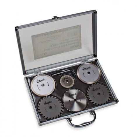 Dema – Set de 6 lames de scie 85mm et 50mm – HSS et carbure pour bois, plastique et carreaux – Montage central 10mm – Coffret de transport inclus