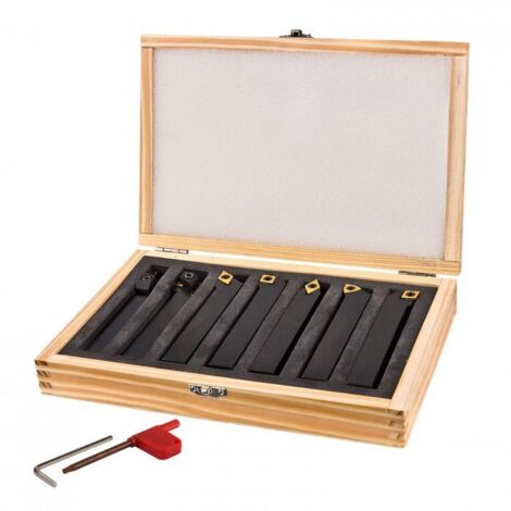 Dema – Set de 7 outils au carbure pour tour à métaux – Plaquettes interchangeables pour acier et fonte – Coffret en bois pratique