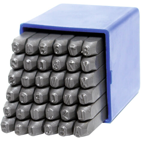 Dema – Set de chiffres et lettres à frapper 4 mm – 36 pièces – Marquage métal – Boîte PVC 55x55x65mm – Poids 0,8 kg